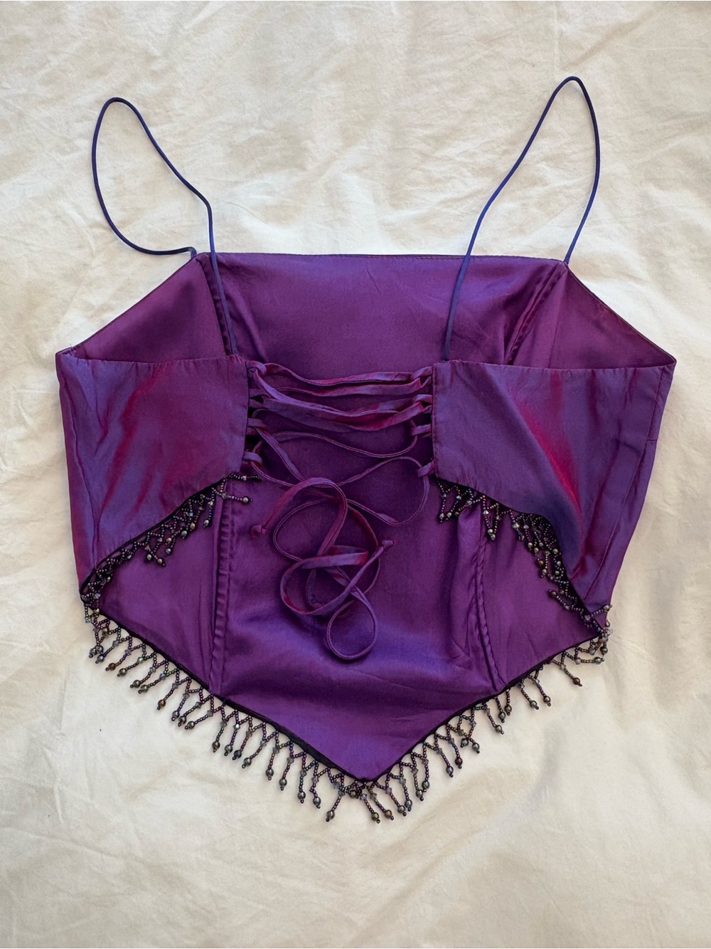 Vintage Iridescent Purple Beaded Trim Spaghetti Strap Crop Top - Picture 4 of 6